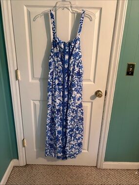 TCEC Blue and White Floral Maxi Dress with Spaghetti Straps